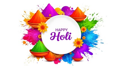 Vibrant happy holi celebration background with colorful powder and flowers