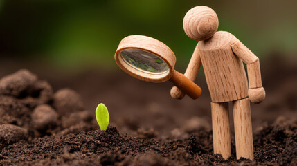 Wooden mannequin examining tiny sprout with magnifying glass in soil nature focus close-up view for growth concept