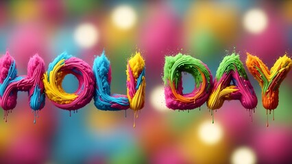 Vibrant happy holi celebration background with colorful text and blurred lights