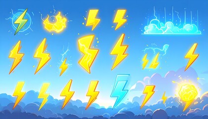 Collection of stylized cartoon lightning bolts and related effects on a cloudy sky background