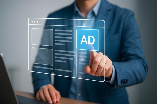 Businessman pressing web advertising button on digital browser interface