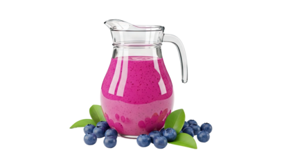 Pitcher of Blueberry Smoothie with Fresh Blueberries and Leaves