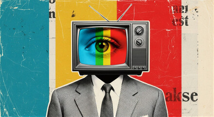 Surreal Retro Television Head With Human Eye And Color Bars