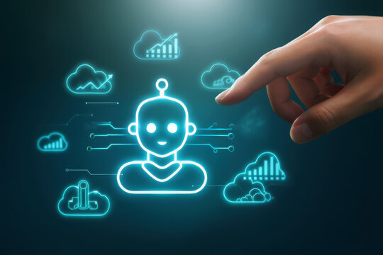 Futuristic interface with humanoid robot and data analytics icons - Powered by Adobe