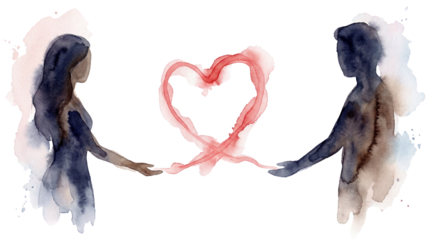 Watercolor Silhouettes of People Connecting with Red Heart