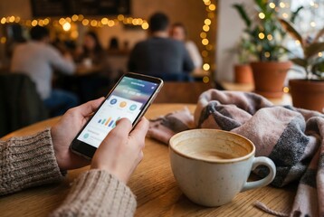 Woman holding smartphone with finance app showing graphs on screen. Hands using mobile banking for financial management and online payment.