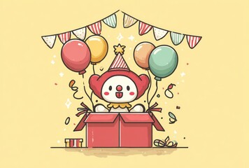 Joyful Clown Pops Out of Gift Box with Balloons at Cheerful Party Celebration