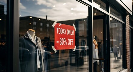 Clothing Store Window Display Featuring a Today Only - 30 Off Sale Sign.