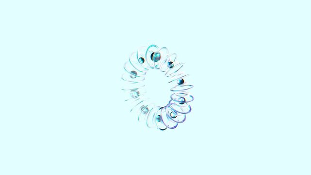 Circular metallic wireframe rings with reflective spheres arranged in a torus shape on a bright cyan background forming a minimal clean modern abstract composition