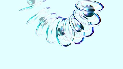 Abstract 3D illustration of glowing metallic spheres suspended within iridescent circular rings on a light background creating a futuristic and dynamic visual effect - Powered by Adobe