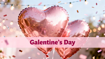Galentines Day Celebration with Pink Heart Balloons and Confetti.