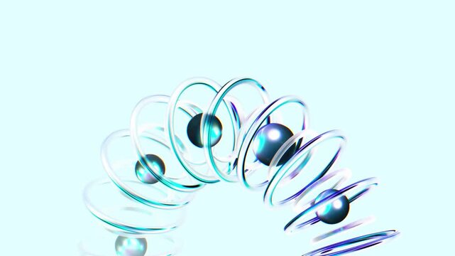 Metallic transparent coil forming a fluid spiral filled with luminous blue spheres arranged in rhythmic pattern over light cyan background creating futuristic visual depth