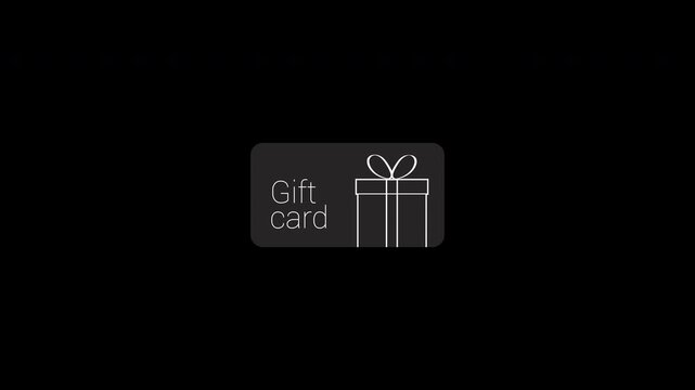 Plastic black gift card with white line present on transparent background, alpha channel. Shopping voucher or e-gift card. Concept for holiday sale promotion or other occasions. Animation video.