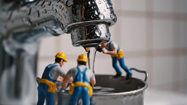 miniature plumbers fix dripping kitchen faucet - chrome spout dripping into bucket while team tightens valve with wrench - tiled background - water droplets and steady hands - focused household