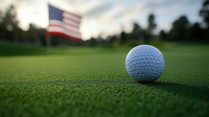 Obraz premium Golf ball on green fairway with USA flag in background, symbolizing sport, competition, freedom and national pride. Outdoor golf course scene with copy space