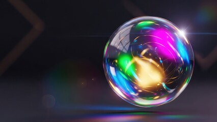 Vibrant iridescent orb with colorful reflections and light effects on dark background, abstract futuristic sphere with shiny metallic surface