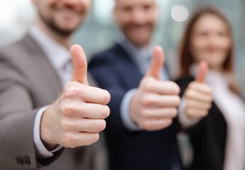 Three professionals give a thumbs-up, symbolizing success and teamwork in a corporate setting.