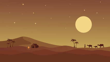 Fototapeta premium Stunning Arabian Desert Night Landscape Vector Illustration with Full Moon Glowing Stars and Camel Caravan Silhouette