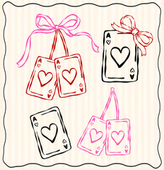 Whimsical Coquette Valentine Ace of heart card cherries elements with ribbon bow outline wavy hand drawn with vintage retro vibe set