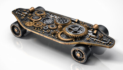 Steampunk Gear Skateboard with Mechanical Gears and Wheels.