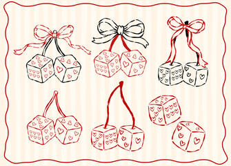 Whimsical Coquette Valentine Dice Cherries elements with ribbon bow outline wavy hand drawn with vintage retro vibe set
