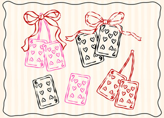 Whimsical Coquette Valentine six seven card cherries elements with ribbon bow outline wavy hand drawn with vintage retro vibe set