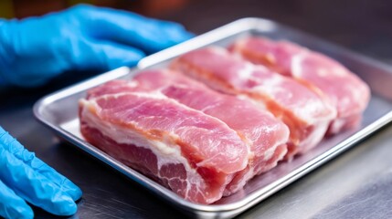 Fresh Raw Pork Cuts on Stainless Steel Tray Ready for Cooking, Featuring Blue Gloves for Hygiene and Food Safety in Kitchen Environment