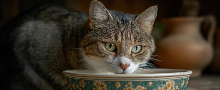 The pet cat sips water from a ceramic bowl.