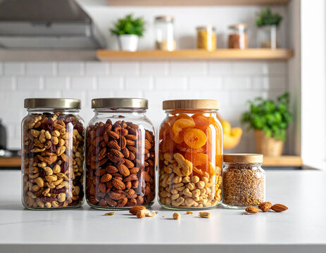 Gläser mit Nüssen, Saaten und getrockneten Früchten in der Küche