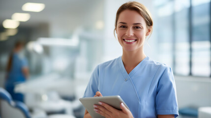 Faceless young female doctor working in modern dental clinic professional dentist holding digital tablet device in contemporary dental office technological integration in