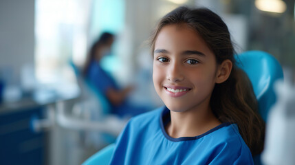 Faceless patient girl sitting in dental stomatology office environment pediatric dental appointment setting youth oral health visit clinical examination space professional care