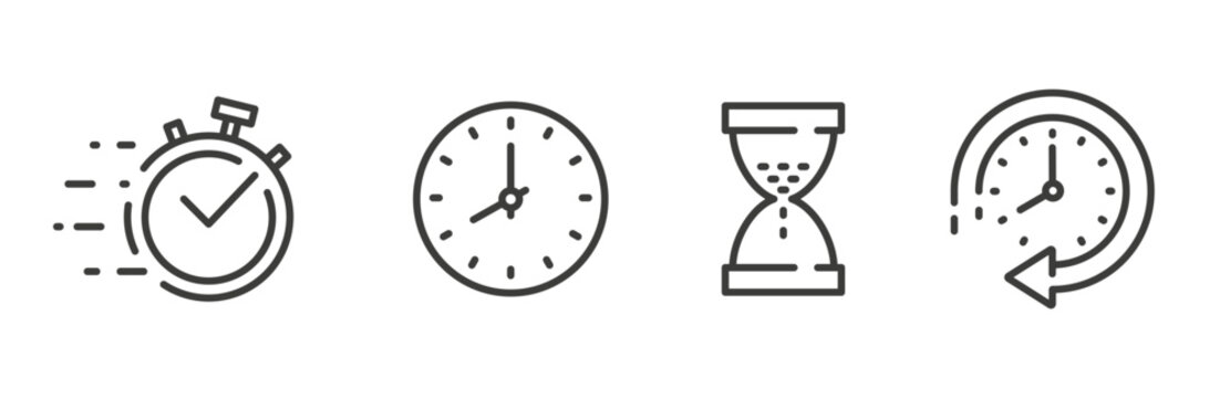 clock icons, icon set of clock, stopwatch, hourglass, time concept, line vector art