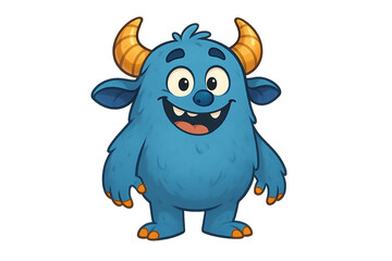 Fototapeta premium Happy furry blue monster with orange horns standing and smiling 2D character design