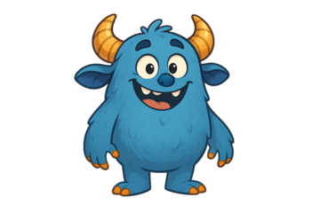 Happy furry blue monster with orange horns standing and smiling 2D character design