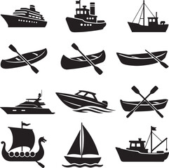 Boat and watercraft silhouette vector icon set bundle for marine nautical transportation design
