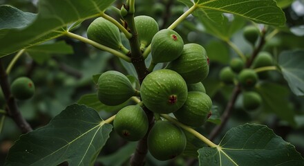 Obraz premium Green figs hanging from tree branch with leaves