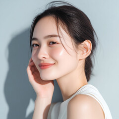 艶のある美しい肌の笑顔の女性。 美容、スキンケア、素材