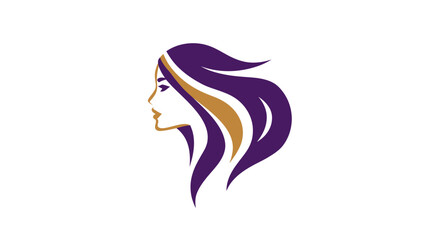 A side profile of a woman with long hair in purple and gold on a white background