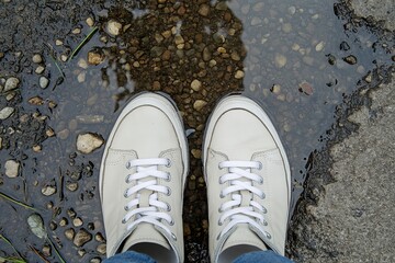 Exploring City Streets Sneakers on Wet Asphalt, Capturing Footwear Reflections and Textures