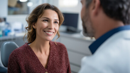 Faceless attractive young woman in modern stomatology clinic consultation with professional male dentist healthy teeth concept promotion oral care appointment professional