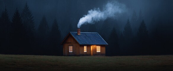 Naklejka premium A cozy cabin puffing smoke like a friendly hug in the chilly woods