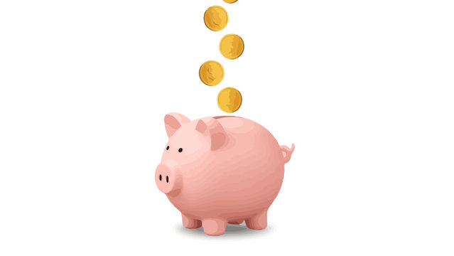 Pink piggy bank collecting falling golden coins against a white background