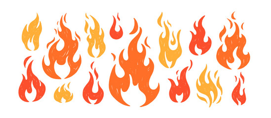 Fire flame shapes set. Hot red, orange and yellow blaze, burning. Heat energy, flammable warning symbols, crayon drawn stickers. Flat graphic vector illustration isolated on white background