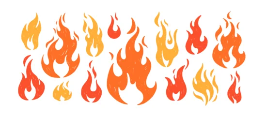 Fotobehang Ridders Fire flame shapes set. Hot red, orange and yellow blaze, burning. Heat energy, flammable warning symbols, crayon drawn stickers. Flat graphic vector illustration isolated on white background  © Good Studio