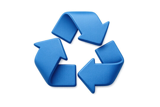 Blue 3d recycling symbol with three arrows forming a triangle, illustrating concepts of reuse, reduce and environmental conservation
