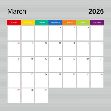Calendar page for March 2026, wall planner with colorful design. Week starts on Sunday.