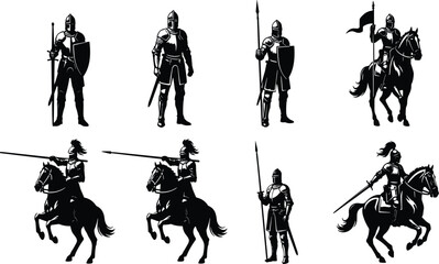 Obraz premium Collection of medieval knight silhouettes, armored warriors with swords and spears on foot and horseback, black and white vector illustration for history and fantasy design
