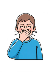 Young boy yawning while covering his mouth in casual blue sweater  