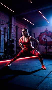 women streching in dark gym, muscles engaged, diverse athlete, dark gym