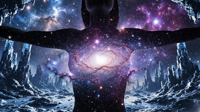 Woman silhouette with galaxy in torso, showing cosmic connection and abstract universal concept, merging human and space elements